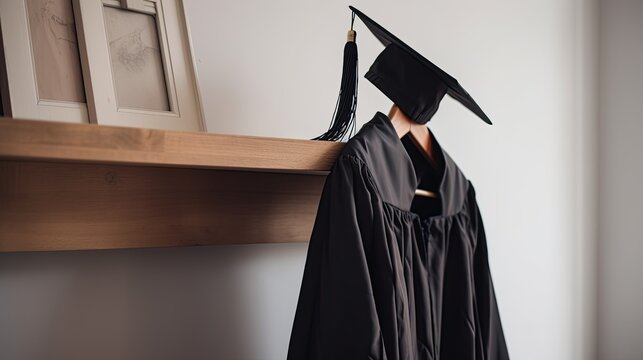 A graduation cap and gown hang on a shelf, generative ai