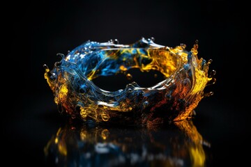 A fiery and watery abstract art with a black backdrop and a central yellow and blue ring. Generative AI