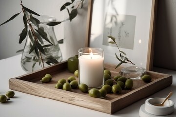 Wooden frame mockup with green olives, candle on white background. Generative AI