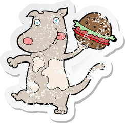 retro distressed sticker of a cartoon hungry dog with burger