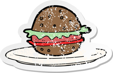 retro distressed sticker of a cartoon burger on plate