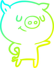 cold gradient line drawing of a happy cartoon pig