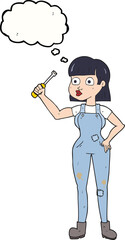 freehand drawn thought bubble cartoon female mechanic