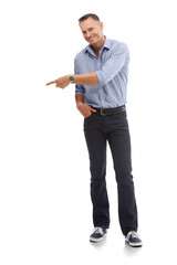 Smile, pointing or portrait of happy businessman smiling on isolated transparent png background. Presentation, advertising or deal offer for mature person showing marketing promotion or announcement