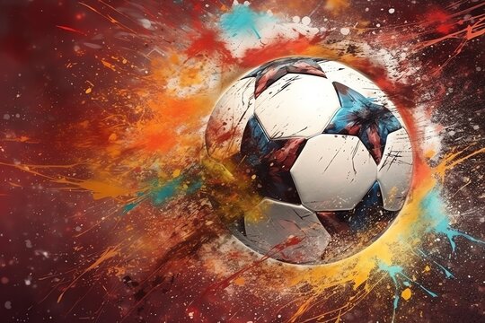 High resolution soccer ball illustration featuring particle effects, pencil and watercolor sketches, and 3D CG. Generative AI