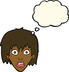 cartoon frightened woman with thought bubble