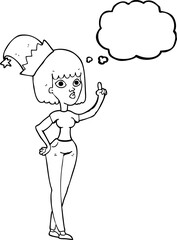 freehand drawn thought bubble cartoon woman wearing christmas hat