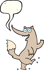 freehand drawn comic book speech bubble cartoon happy wolf dancing