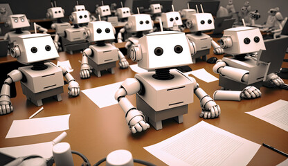 Students cheating with AI, AI-assisted cheating. Impact of ChatGPT on academic integrity & education. AI-driven cheating among students. Cheating in school. Illustration created with Generative AI.