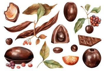 Watercolor Chocolate Set And Realistic Botanical And Food Illustrations Isolated On White Background. Generative AI