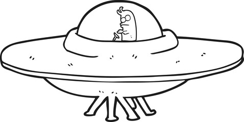 freehand drawn black and white cartoon flying saucer