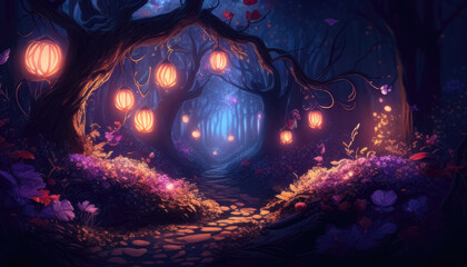 Fairy tale forest at night with glowing lights. Generative AI