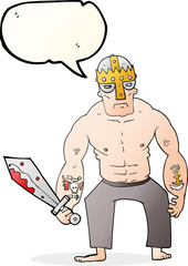 freehand drawn speech bubble cartoon warrior with sword