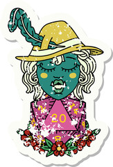 Retro Tattoo Style half orc bard with natural twenty dice roll