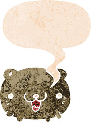 funny cartoon bear with speech bubble in grunge distressed retro textured style