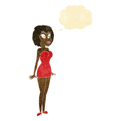 cartoon surprised woman in short dress with thought bubble