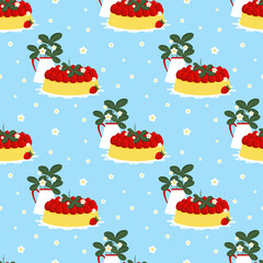 Vector seamless strawberry cake on a dish, jugs with blossoms and leaves pattern on blue background, fruit design.