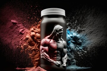 Bottle of whey protein powder with human body silhouette and colorful powder splashes - obrazy, fototapety, plakaty