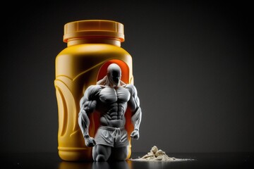 A close up shot of a plasticine man holding a bottle of protein powder