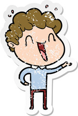 distressed sticker of a cartoon happy man