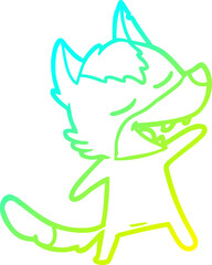 cold gradient line drawing of a cartoon wolf laughing