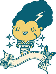 scroll banner with tattoo style undead zombie bride character