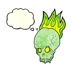 cartoon spooky skull with thought bubble