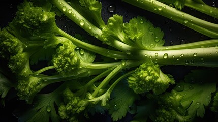 close up top view of a celery leaf with visible water drops, generative ai