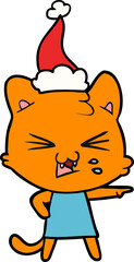 hand drawn line drawing of a cat hissing wearing santa hat