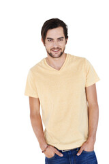 Obraz premium Smile, portrait and natural man with casual fashion on isolated, transparent and png background. Face, happy and handsome Arab male model relax while posing real cool, edgy and trendy or fashionable