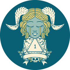 Retro Tattoo Style crying tiefling face with natural 1 D20 Dice