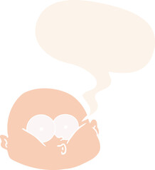 cartoon curious bald man with speech bubble in retro style