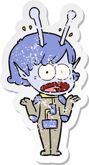 distressed sticker of a cartoon shocked alien girl