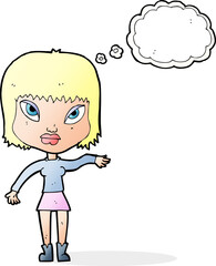 cartoon woman making gesture with thought bubble