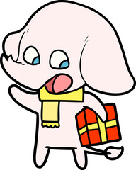 cute cartoon elephant with christmas present