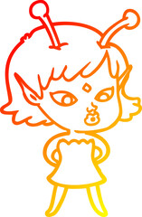 warm gradient line drawing of a pretty cartoon alien girl