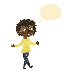 cartoon woman with no worries with thought bubble