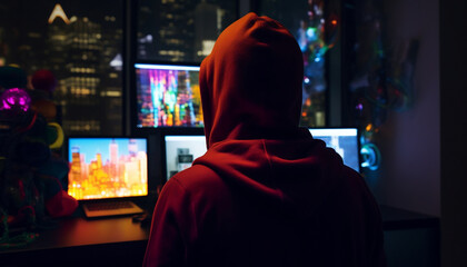 A programmer working in a dark apartment alone at night