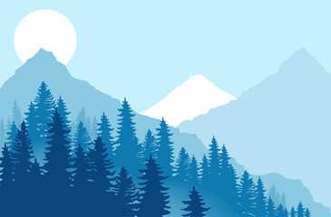 Fototapeta premium Mountains forest. Vector template background for poster, book cover, banner, flyer and header webpage