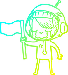 cold gradient line drawing of a cartoon crying astronaut girl