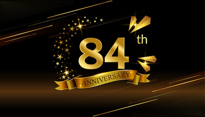 84th anniversary logo with golden ring, confetti and Gold ribbon isolated on elegant black background, sparkle, vector design for greeting card and invitation card