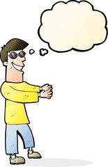 cartoon grinning man wearing glasses with thought bubble