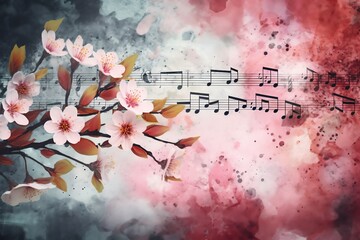 Cherry blossoms with musical notes on moody watercolor background. Generative AI