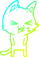 cold gradient line drawing of a cartoon cat hissing