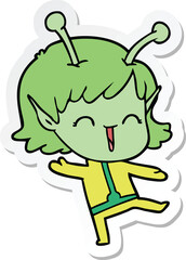 sticker of a cartoon alien girl laughing