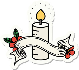 tattoo style sticker with banner of a candle