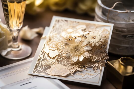 Floral And Champagne Wedding Card With Romantic Elegance. Generative AI