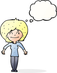 cartoon woman shrugging shoulders with thought bubble