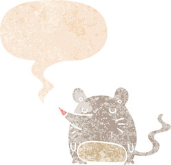 cartoon mouse with speech bubble in grunge distressed retro textured style
