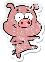 distressed sticker of a cartoon pig pointing